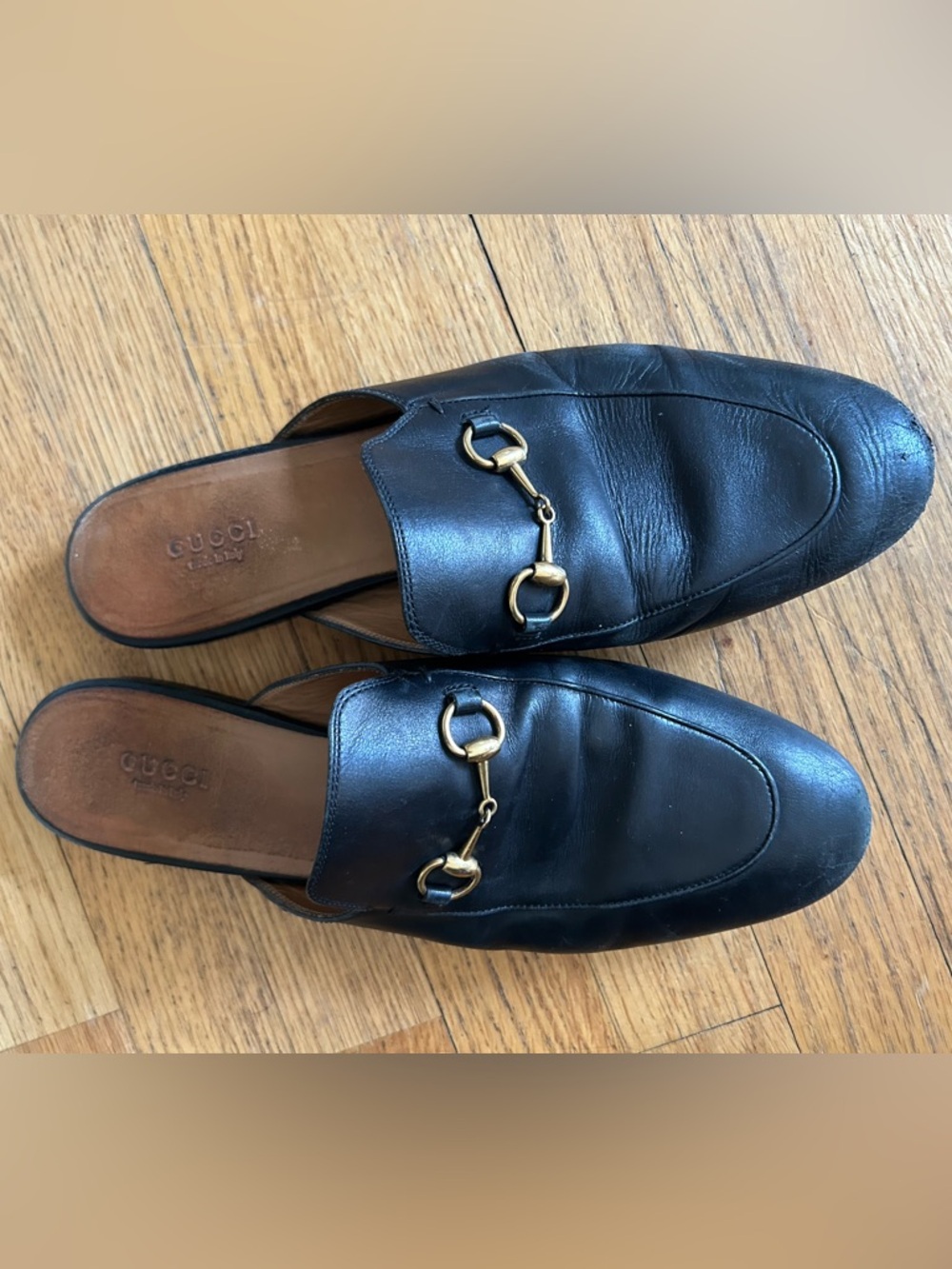 Gucci Black Leather Horsebit Slip-On Mules